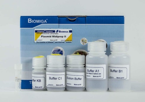 Biomiga Plasmid Midiprep II kit met buffers en reagentia voor plasmide-DNA-zuivering