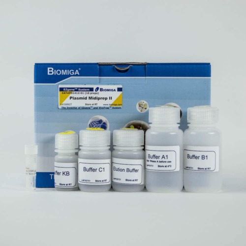 Biomiga Plasmid Midiprep II kit met buffers en reagentia voor plasmide-DNA-zuivering