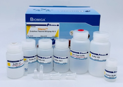 BioMiga EZgene EndoFree Plasmid Mini Kit II voor ultra-zuivere DNA extractie.