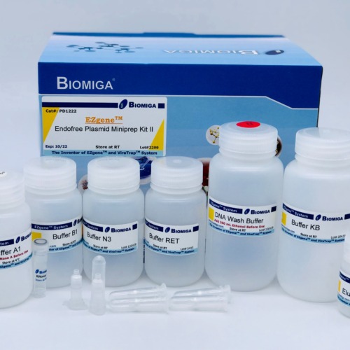 BioMiga EZgene EndoFree Plasmid Mini Kit II voor ultra-zuivere DNA extractie.