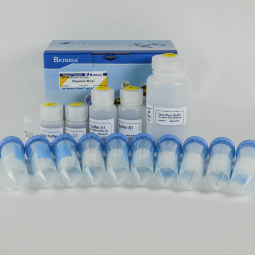 BioMiga EZgene Plasmid Maxiprep Kit voor grootschalige DNA-extractie.