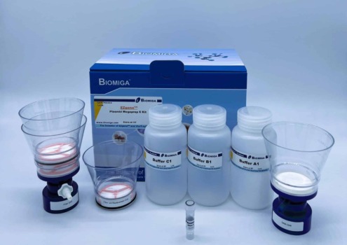 BioMiga EZgene Plasmid Megaprep 6 Kit voor grootschalige isolatie van plasmide DNA uit 1 tot 3 liter cultuur.