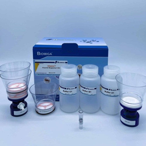 BioMiga EZgene Plasmid Megaprep 6 Kit voor grootschalige isolatie van plasmide DNA uit 1 tot 3 liter cultuur.