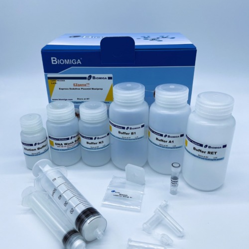 BioMiga EZgene Express EndoFree Plasmid Maxiprep Kit voor grootschalige, endotoxine-vrije DNA zuivering.