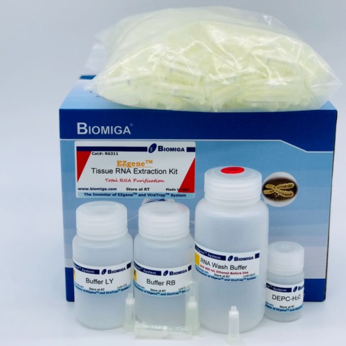 BioMiga EZgene Cell & Tissue RNA Mini Kit voor efficiënte RNA-isolatie met spin-kolommen.