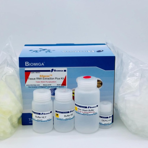 BioMiga EZgene Tissue RNA Kit Plus met DNA-clearance kolommen en RNA-spin kolommen voor zuivere extractie.