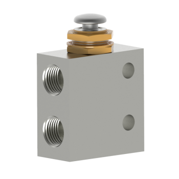 Humphrey TAC Model 3P miniatuur 3-weg pneumatisch drukknopventiel van messing met 10-32 poorten.