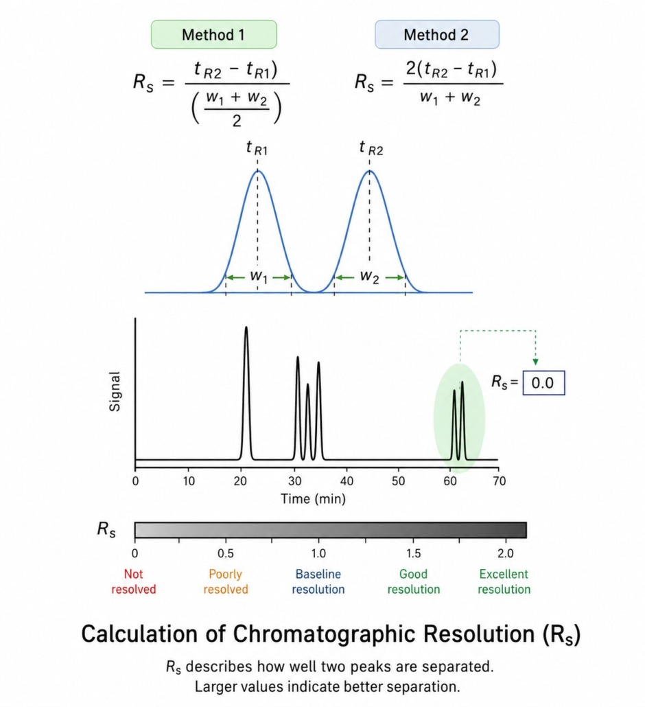 berekening van Chromatografie resolutie (Rs)